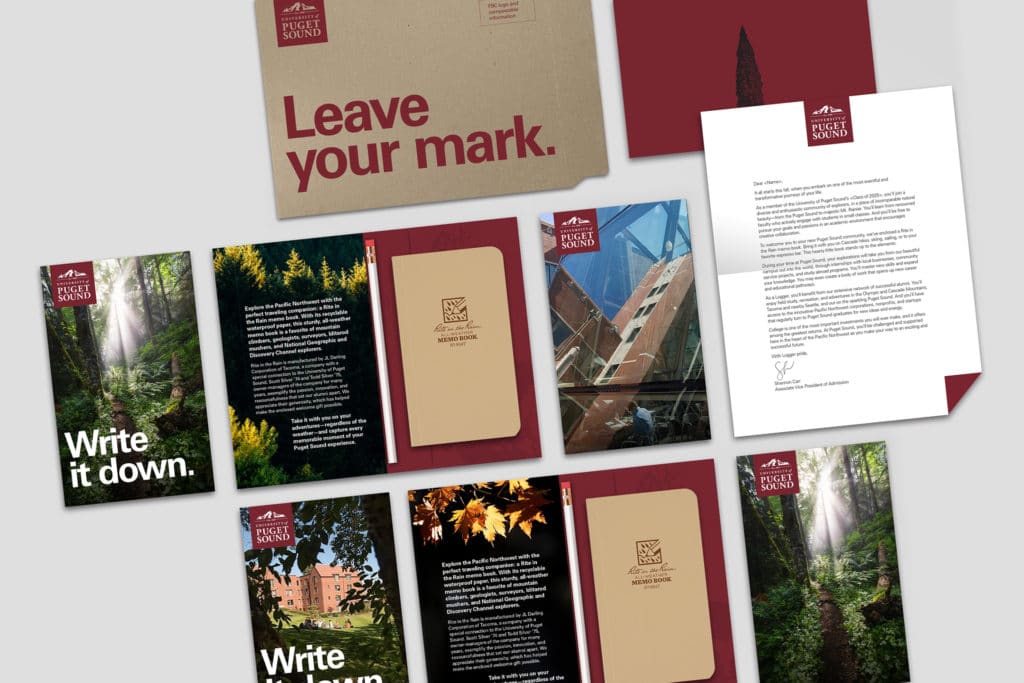 An assortment of printed University of Puget Sound admissions collateral