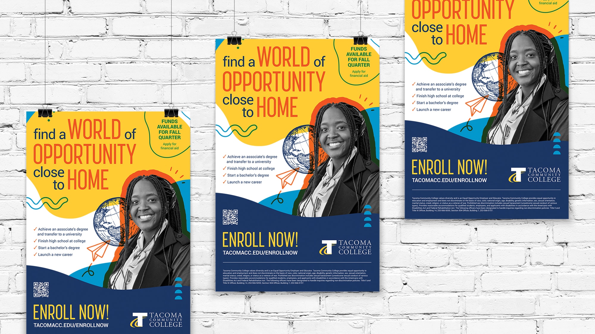 Tacoma Community College enrollment campaign posters against white brick wall