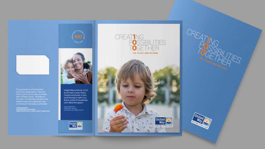 United Way centennial campaign folder with brochure and inserts
