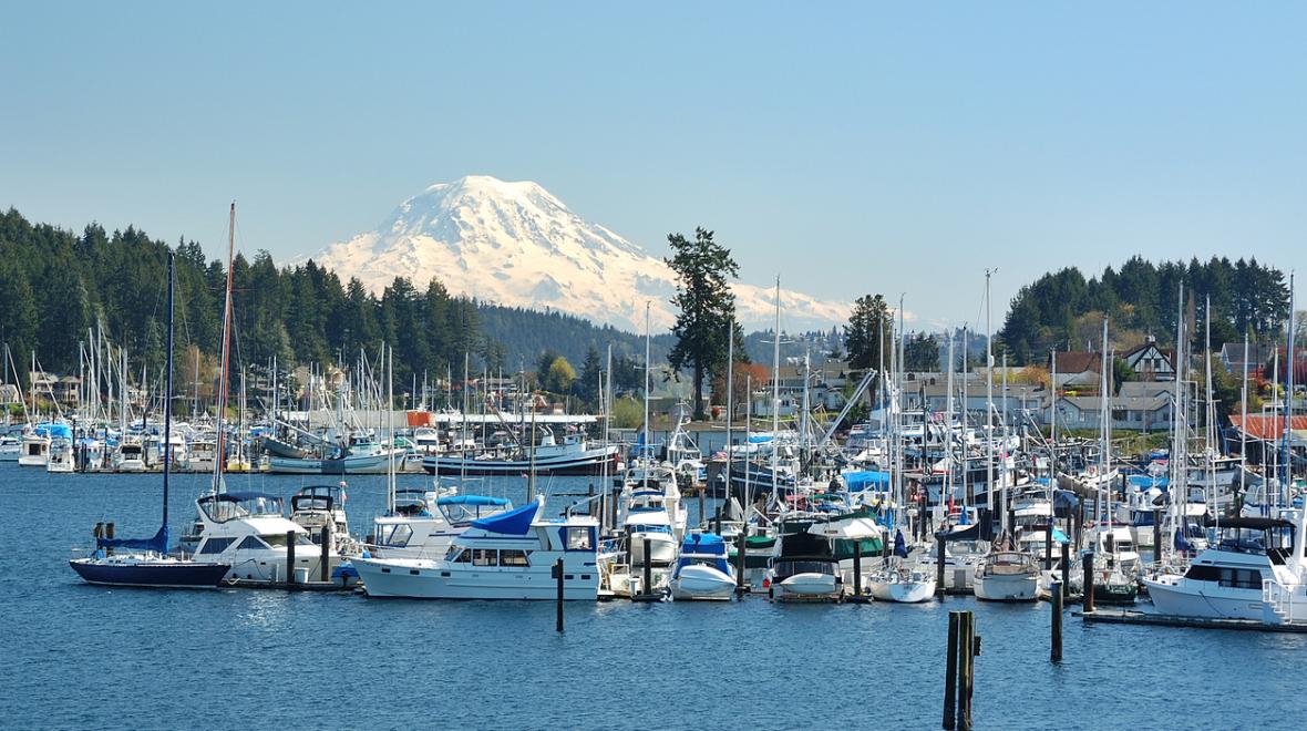 Gig Harbor marina boats with Mount Rainier behind