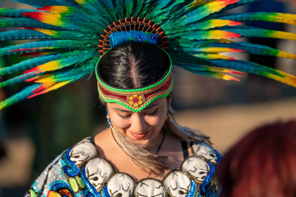 photo of a member of The Aztec Indian Dancers during a performance in Monroe, Washington