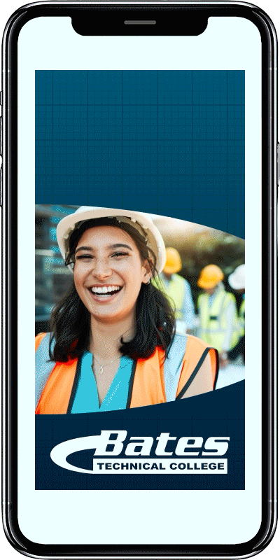 Phone showing a Bates Technical College advertisement on it