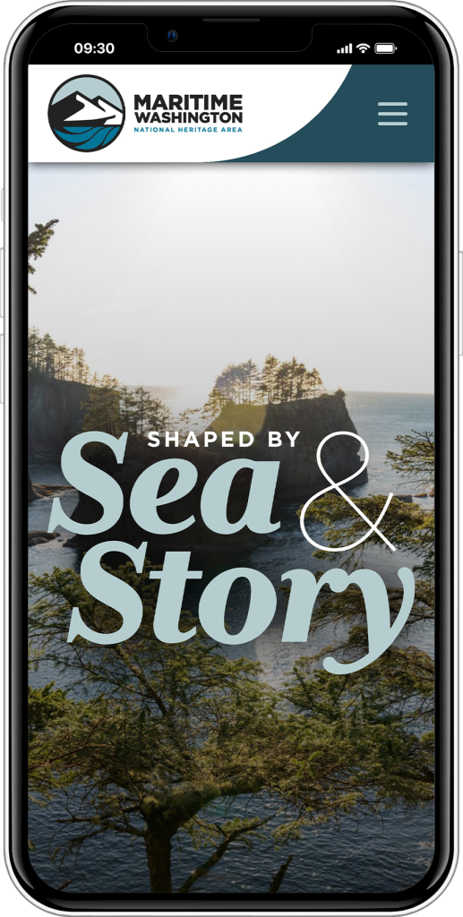 phone with Maritime Washington Heritage Area website and branding showing on it