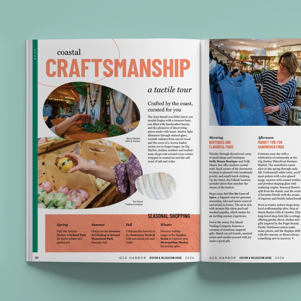 An inside spread of the Visit Gig Harbor Visitor & Relocation Guide, featuring an article titled "Coastal Crafstmanship"