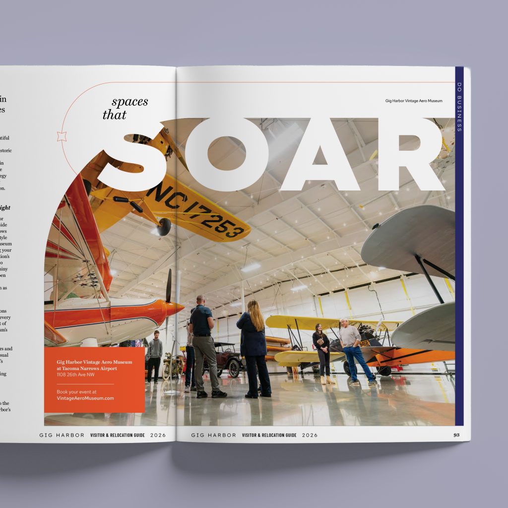 An inside spread of the Visit Gig Harbor Visitor & Relocation Guide, featuring an article titled "Spaces that Soar"