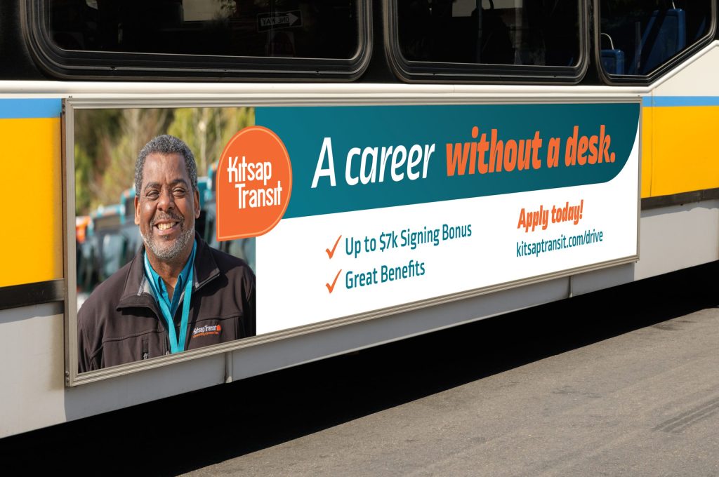 photo of an ad (bus board) designed by JayRay Ads & PR on a Kitsap Transit bus