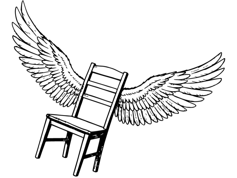 An animation of a flying chair flapping its wings