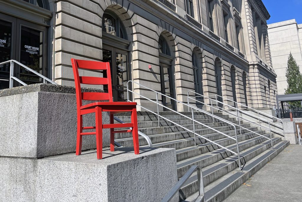 The Red Chair sits in front of Courthouse Square in downtown Tacoma