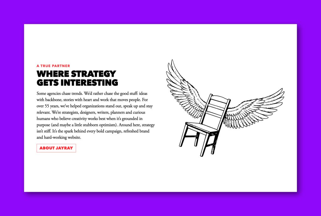 A screenshot of the JayRay website sits on a bright violet background.