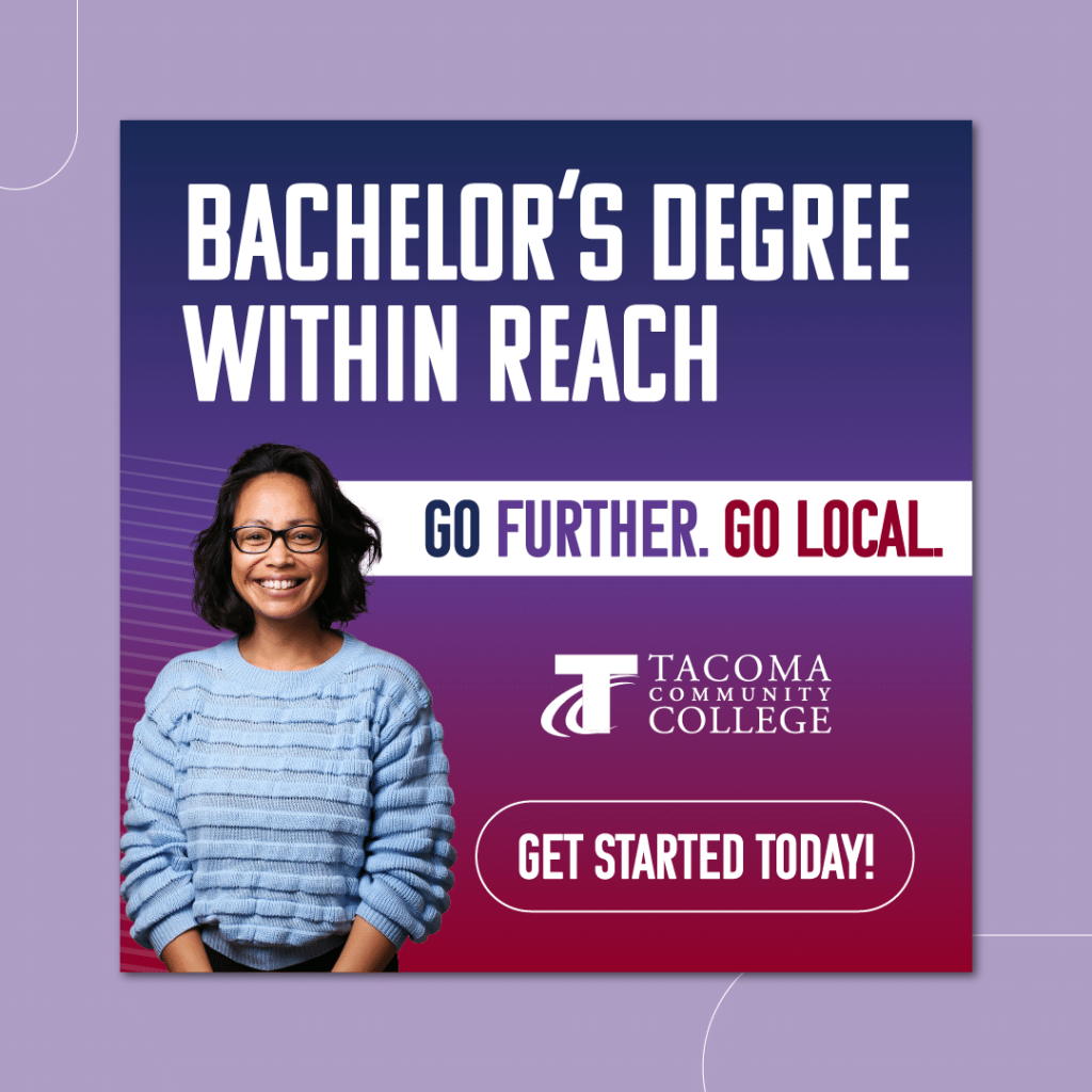 Poster that reads "Bachelor's Degree within reach" with a happy student on a colorful backdrop.
