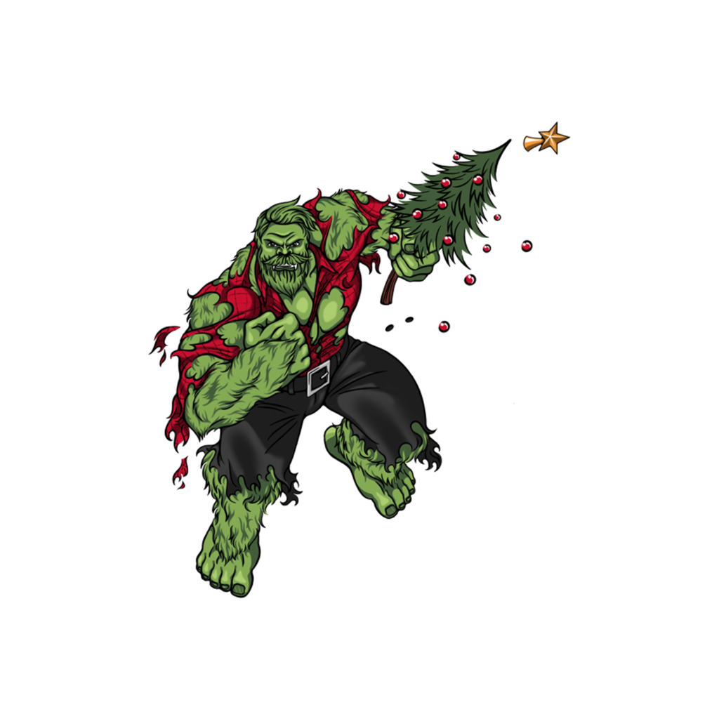A holiday-themed, comic book-style drawing of Sasquatch in the style of the Incredible Hulk, bulging green muscles ripping a flannel shirt to shreds, wielding a Christmas tree