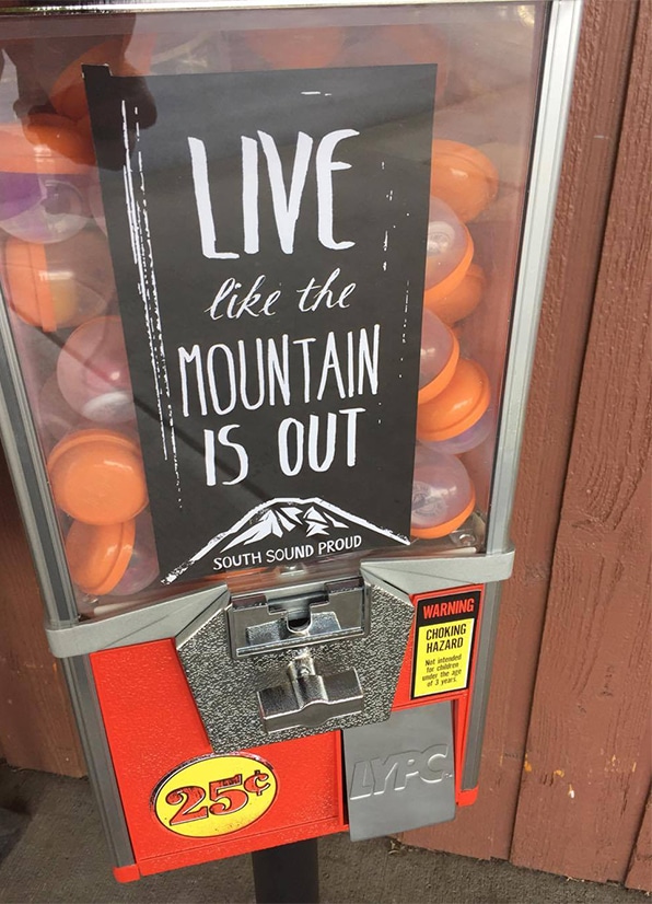 A Live Like the Mountain is Out sticker prominently displayed on a retro gumball machine