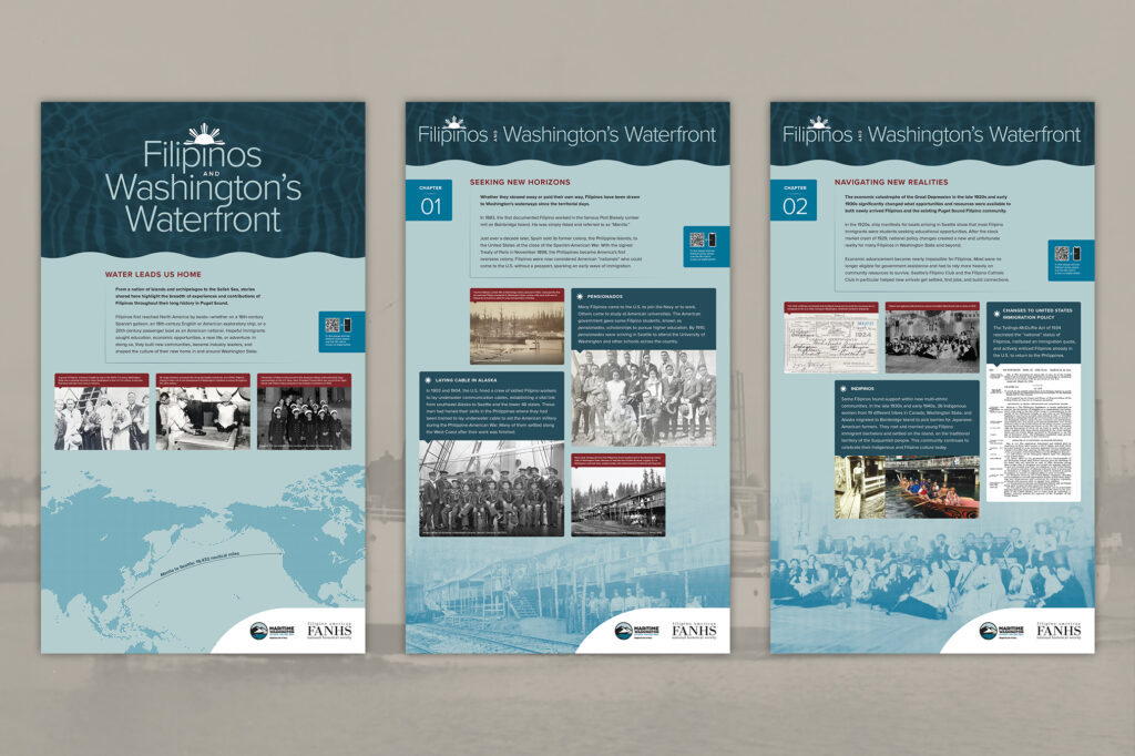 Three vertical exhibit panels sit against a photographic background