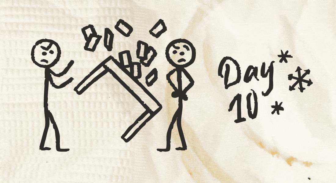 Two stick figures playing a card game, one flipping the table.