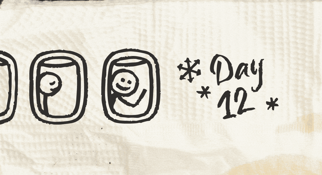 A stick figure seen through the window of a plane looking as happy as can be.