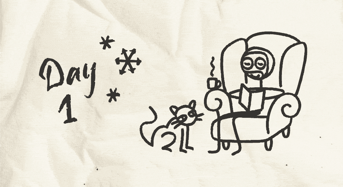 Stick figure in an overstuffed armchair with a face mask, holding a book. A cat throws a judgy side-eye.