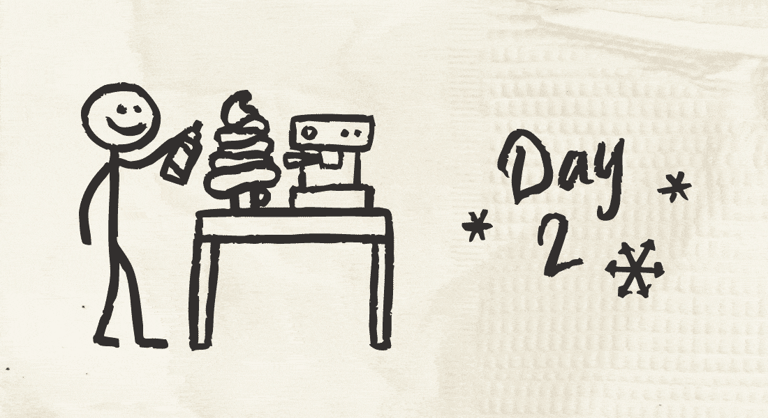 Stick figure topping a mug with a mountain of whipped cream next to an espresso machine.