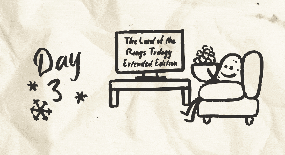 A potato sitting on a couch with a massive bowl of popcorn, “The Lord of the Rings Trilogy: The Extended Edition” on the TV screen.