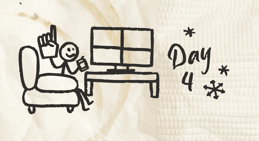 A stick figure lying on a couch holding a beer and sporting a large foam finger, the TV screen split into four quadrants.