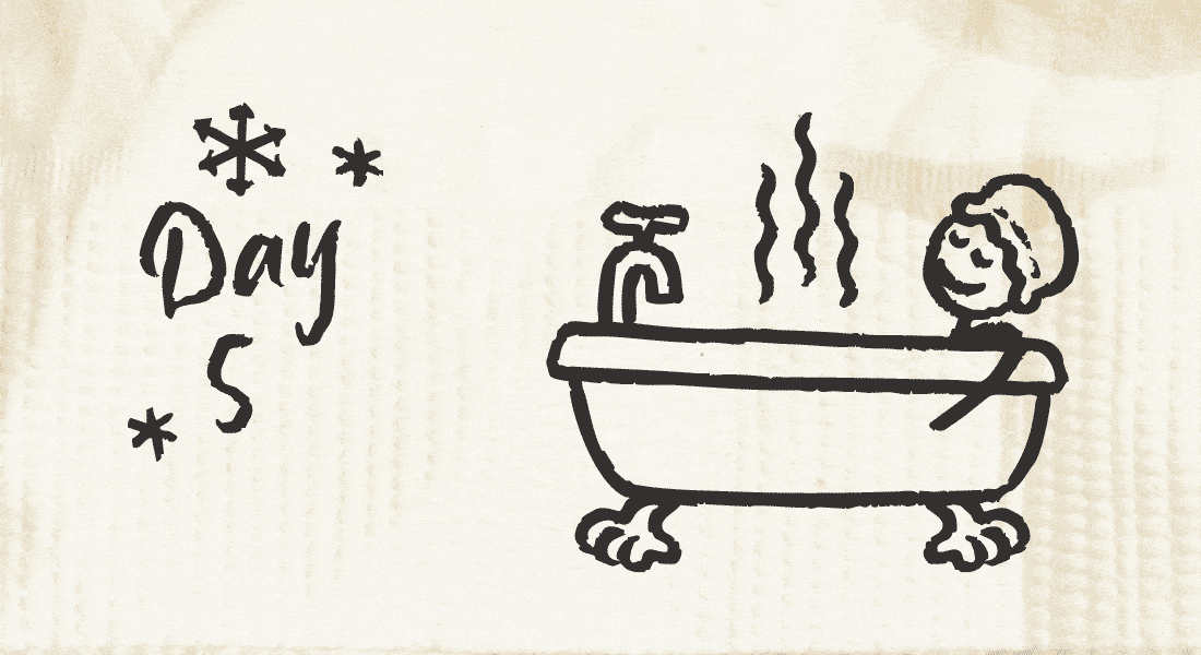 A stick figure relaxes in a steaming bathtub, shower cap on their head.