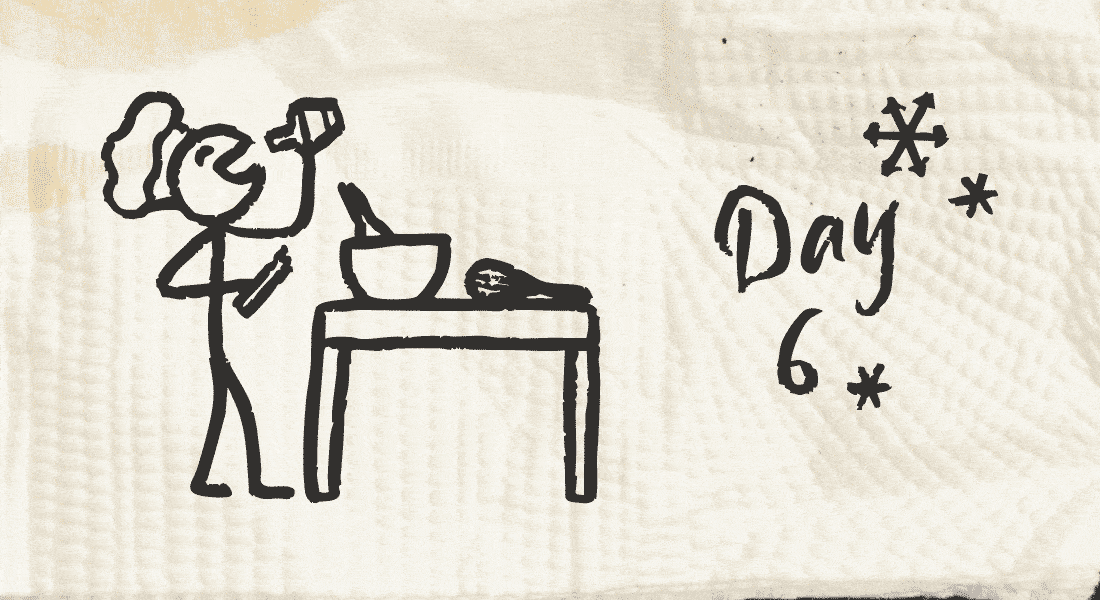 A stick figure holding half of a broken wooden spoon, the other half still left in the bowl, taking a swig of brandy straight from the bottle.