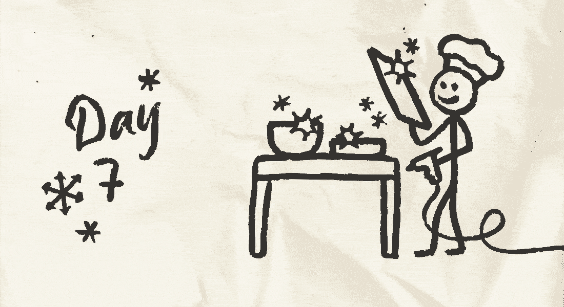 A stick figure using a glue gun to bedazzle various pieces of bakeware.