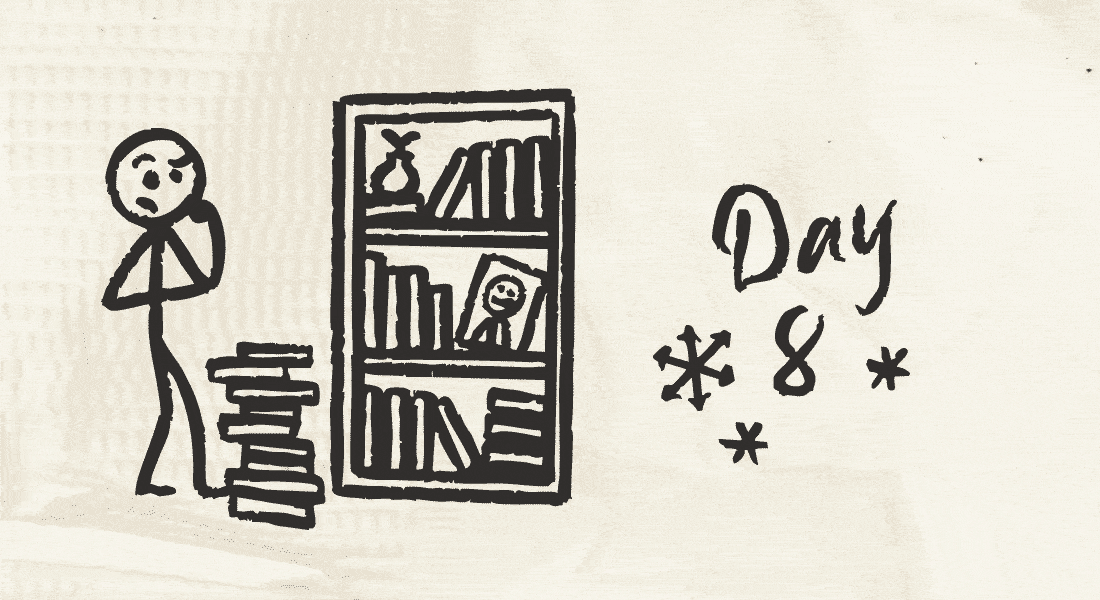 A stick figure carefully appraising a bookshelf, one eyebrow raised, books haphazardly strewn on the floor around them.