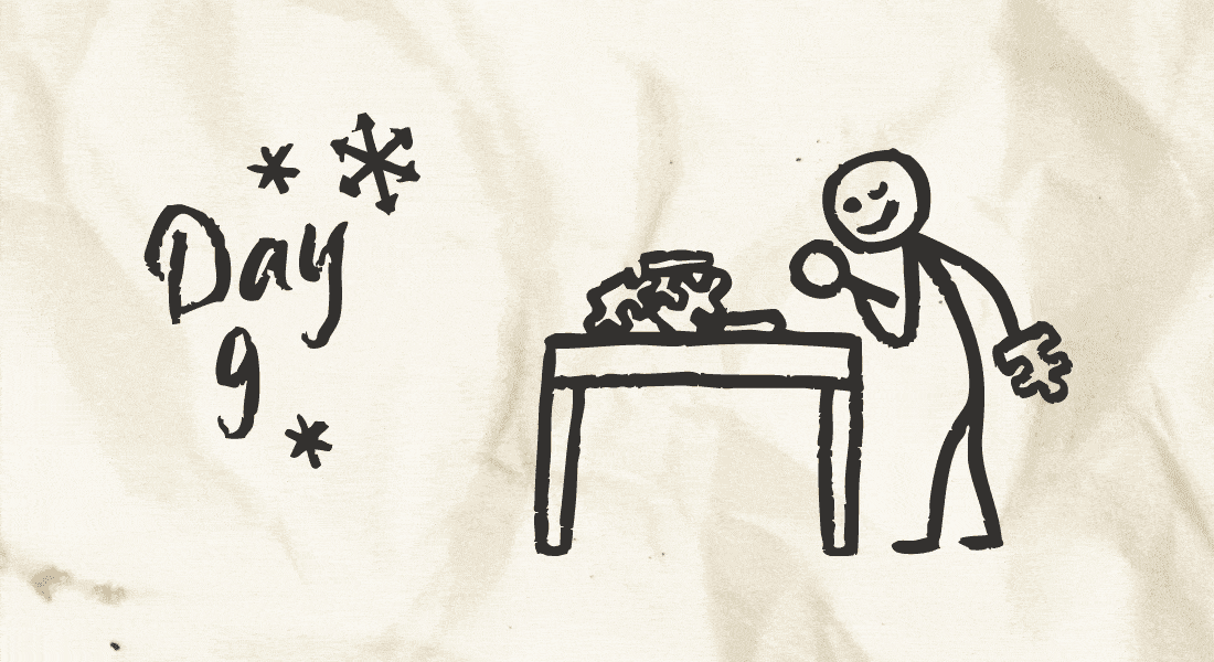 A stick figure hunching over a jigsaw puzzle, magnifying glass in hand.